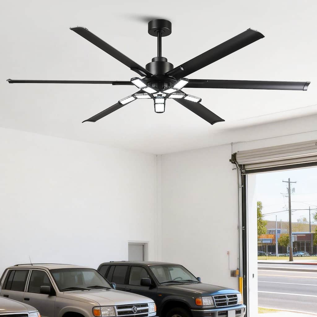 84" Industrial Matte Black Garage Large Ceiling Fan with Foldable LED Light and Remote