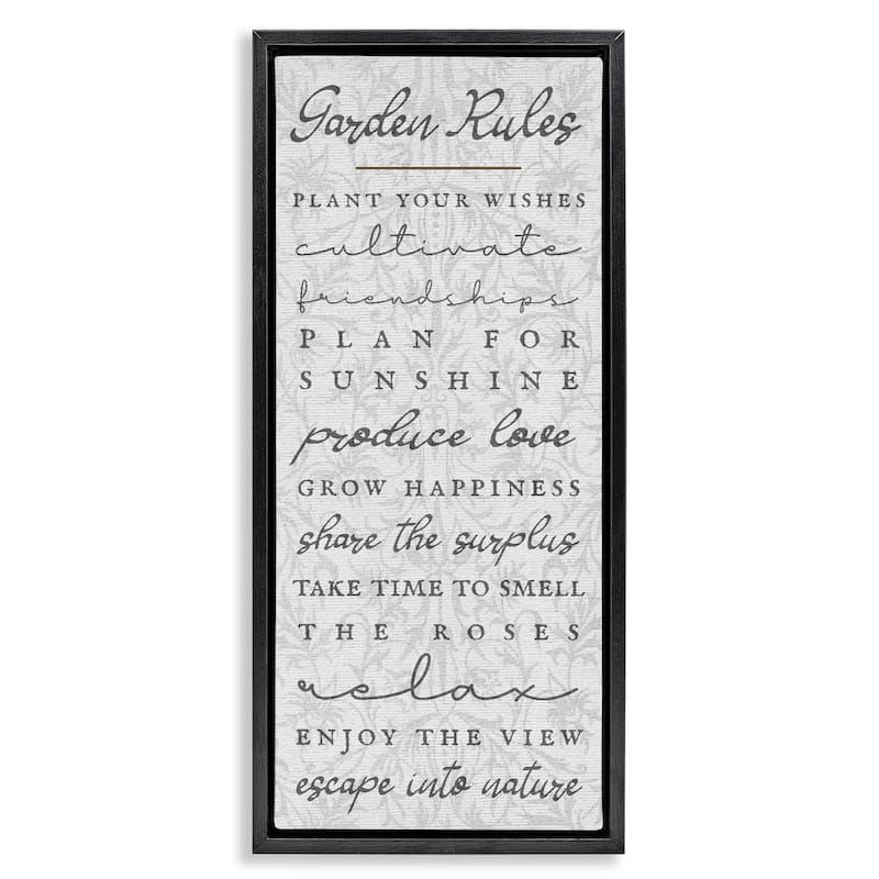 Stupell Garden Rules on Floral Pattern Framed Floater Canvas Wall Art Design By Lil' Rue - 15 x 31 - Black