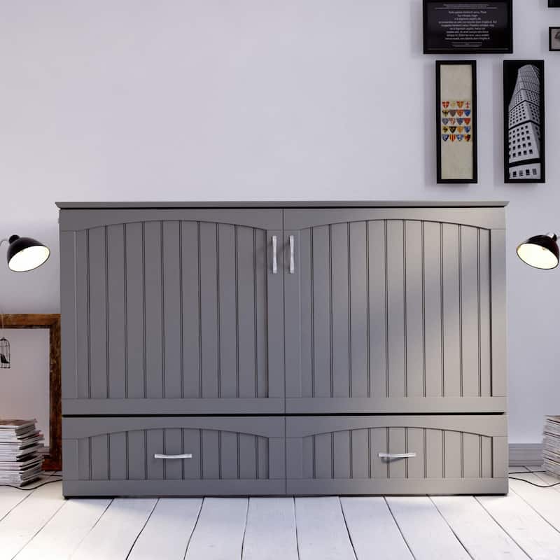 Southampton Queen Murphy Bed Chest with 6" Mattress, Storage Drawer & Built-In Charger in Grey
