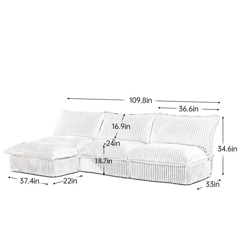 Corduroy Slipcovered 3-Seater Armless Sectional Sofa with Reversible Ottoman, Free Combination Design, and Removable Covers