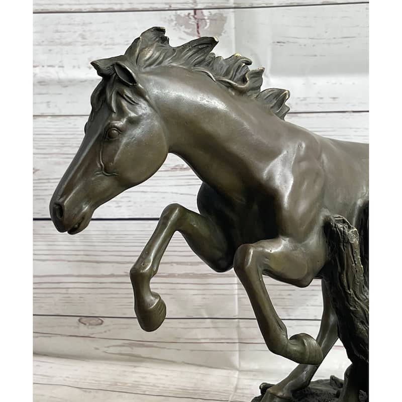 Running Galloping Wild Imitative Horse Mustang Bronze Sculpture Statue Figure Decor On Marble Base