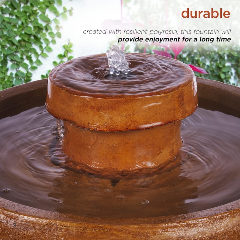 Alpine Corporation TZL202SLR 29" Brown Outdoor Solar Powered Pedestal Birdbath Fountain with LED Lights