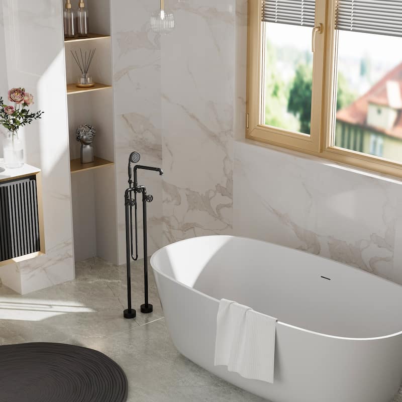 Modland 42''H Floor Mount Bathtub Faucet Freestanding Tub Filler With Handheld Shower In Black / Gold