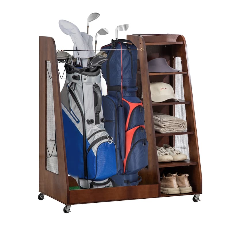 Wooden Golf Bag Organizer and Storage Rack - Holds 2 Golf Bags, 12 Clubs, 4-5 Pairs of Golf Shoes, 50+ Golf Balls