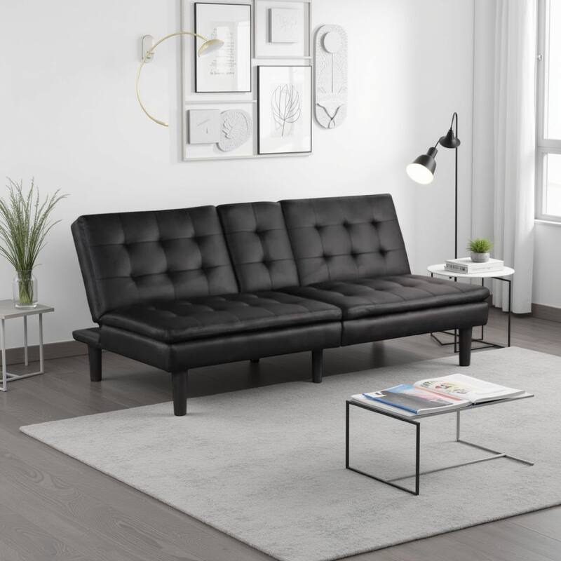 Berie Futon Sofa Bed, Drop-Down Tray, Cupholder, Black Faux Leather
