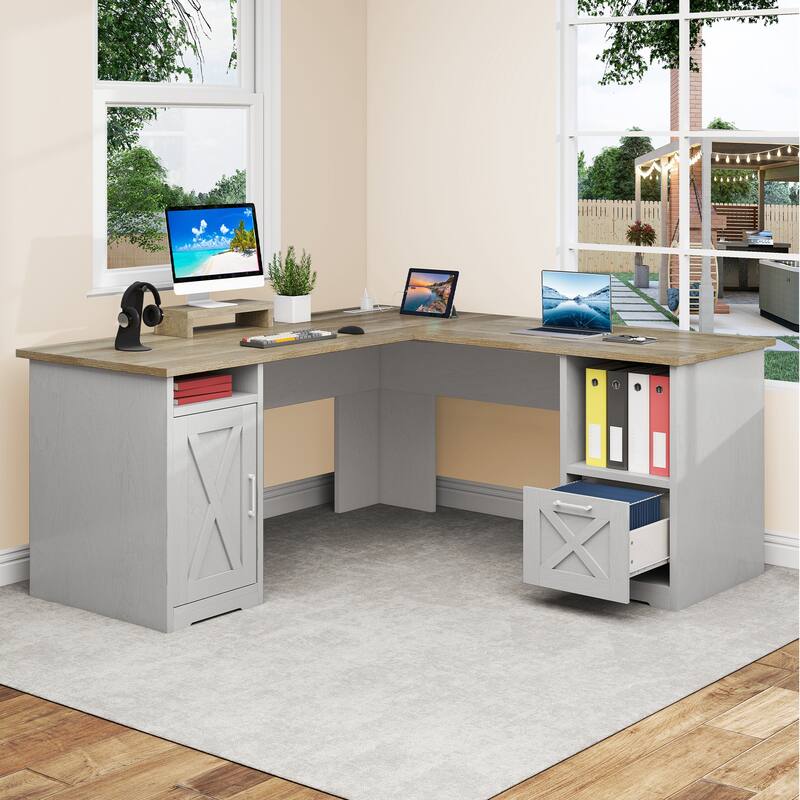 Moasis 59" L Shaped Office Desk with File Cabinet, Corner Computer Desk with Monitor Stand for Home Ofiice - Grey Wash
