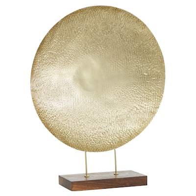 Metal Geometric Plate Sculpture with Wood Stand - Gold - Roche River Decor - 6"W x 22"L x 27"H