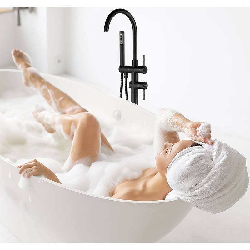 Freestanding Tub Faucet With Hand Shower Bathroom Floor Mounted Tub Filler Double Handle Bathtub Faucets Trim With Sprayer