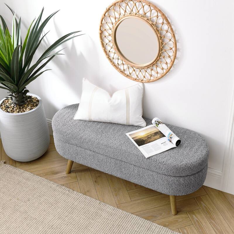 Ottoman Oval Storage Bench,Rubber Wood Legs - Grey