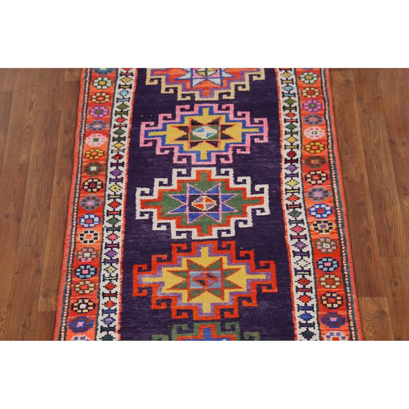Navy Blue Anatolian Oriental Vintage Runner Rug Handmade Wool Carpet - 2'10"x 12'0"