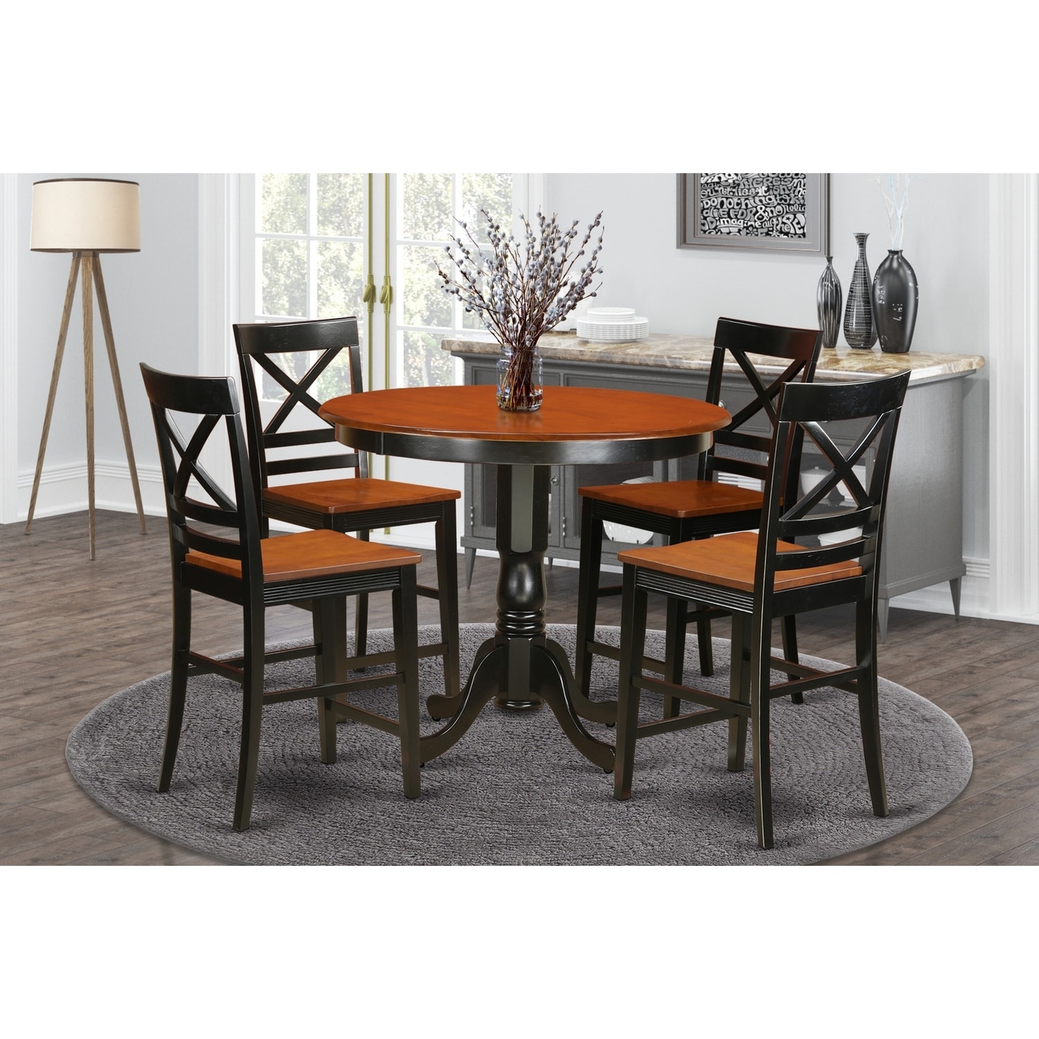 Kitchen Counter Height Set - 5 Piece Table & Chairs - Modern Dining Room Furniture - Black Cherry Finish - Black, Cherry