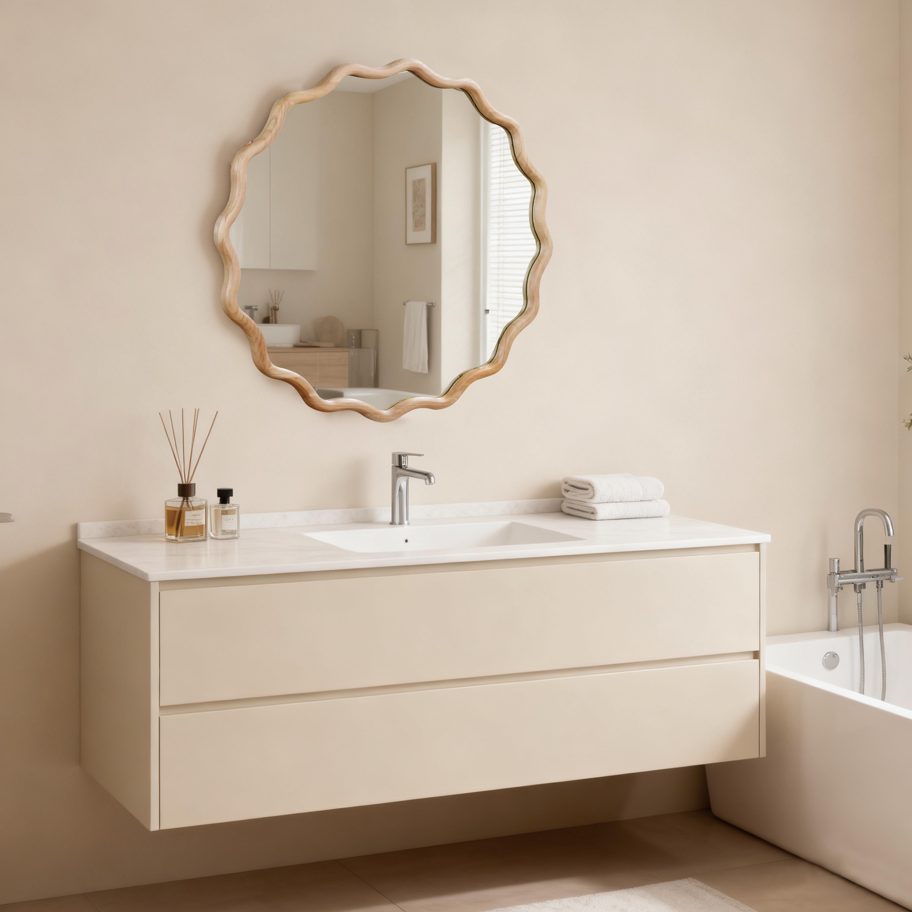 Wavy Round Solid Wood Frame Decorative Mirror