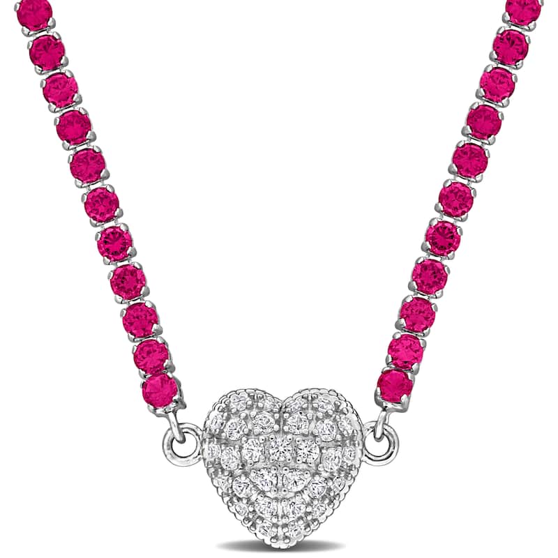 Miadora 14 1/4ct TGW Created Ruby Created White Sapphire Heart Necklace in Sterling Silver-17 in