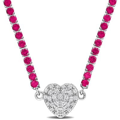 Miadora 14 1/4ct TGW Created Ruby Created White Sapphire Heart Necklace in Sterling Silver-17 in