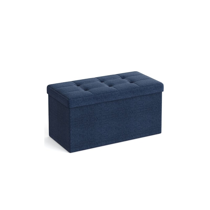 Dark Blue Faux Leather Padded 30-Inch Folding Storage Ottoman Bench with Lid - Dark-Blue