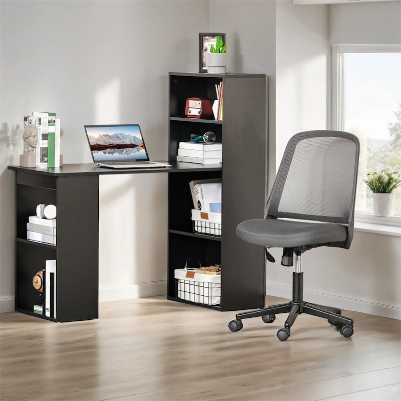 Modern Wood 6-Tier Shelves Home Office Desk with Bookshelf