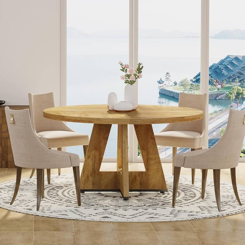 47" Round Dining Table, Wood Top Kitchen Table for Dining/Living Room