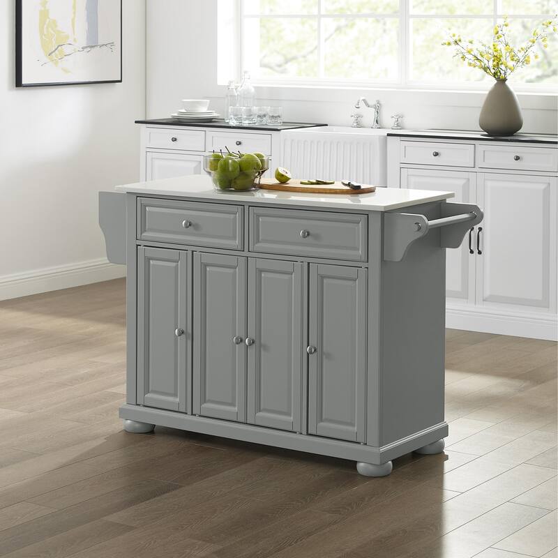 Kitchen Island with Storage & Granite Top - Modern Kitchen Cart, Portable Island, Gray/White