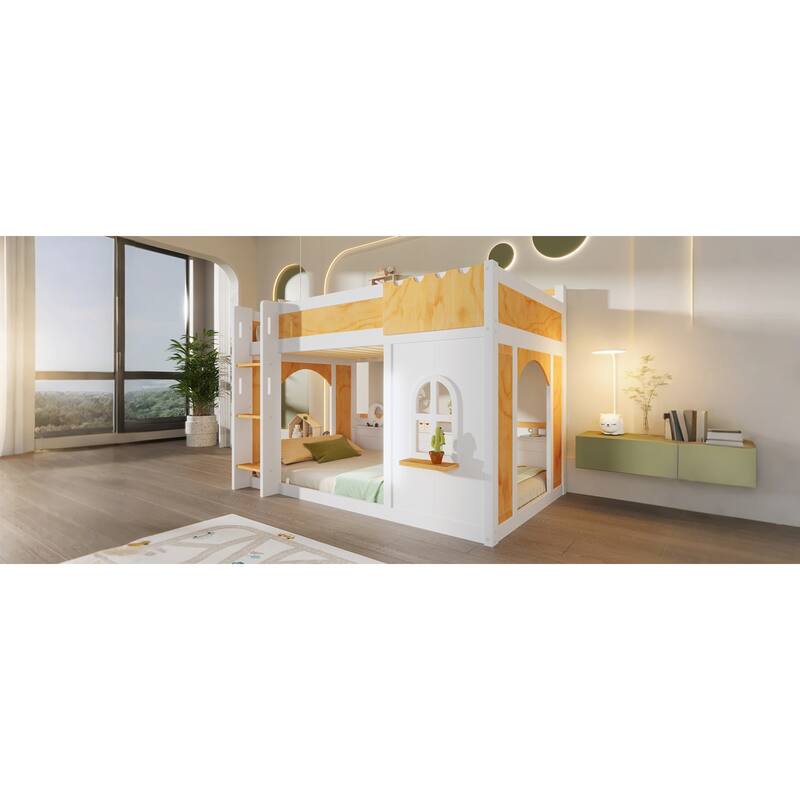 Roomfitters Twin Over Twin/Full Over Full Bunk Bed with Window, Two Doors and Storage Shelves, Natural and White