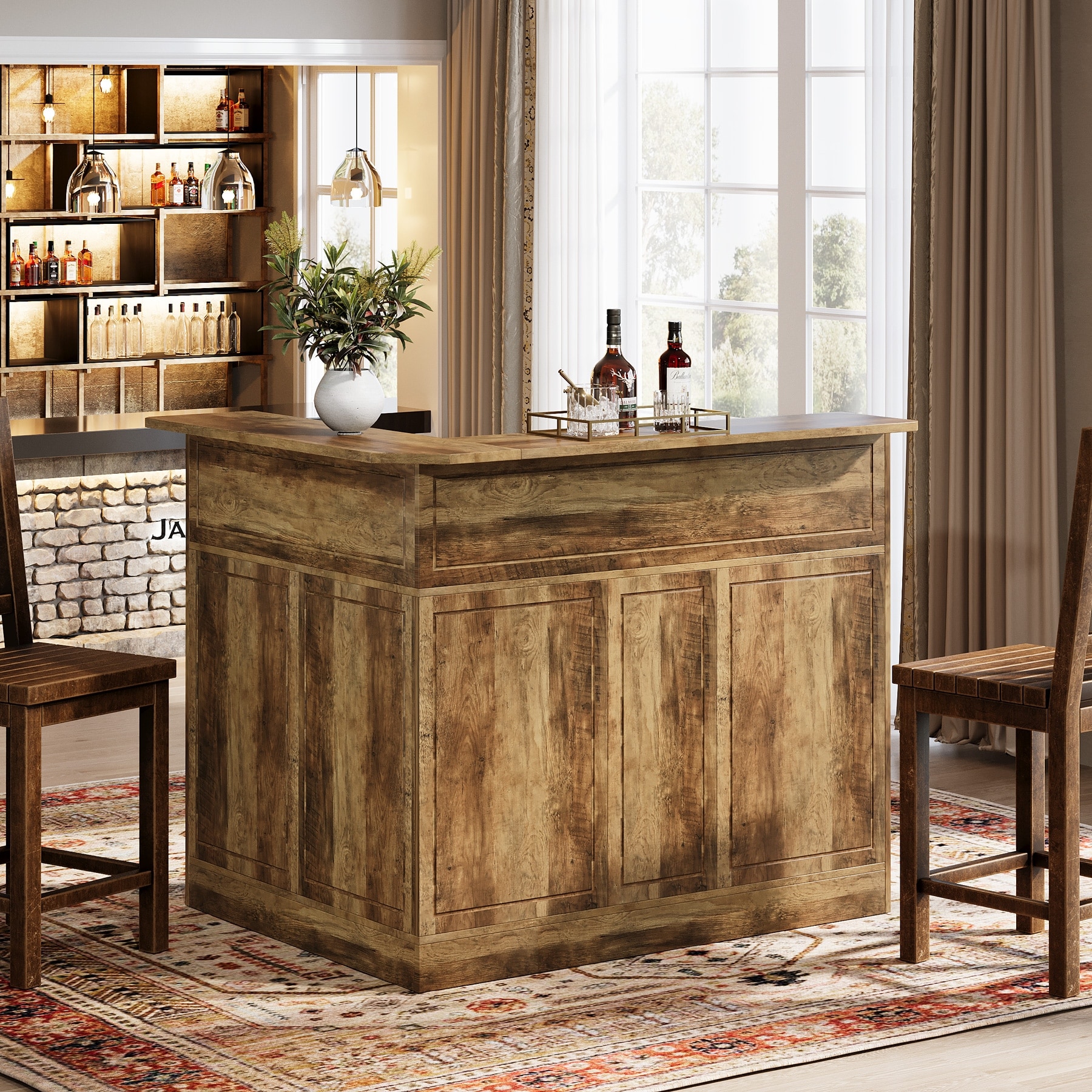 Black 4-Tier Bar Cabinet, L-Shaped Home Bar Table, Bar Unit with