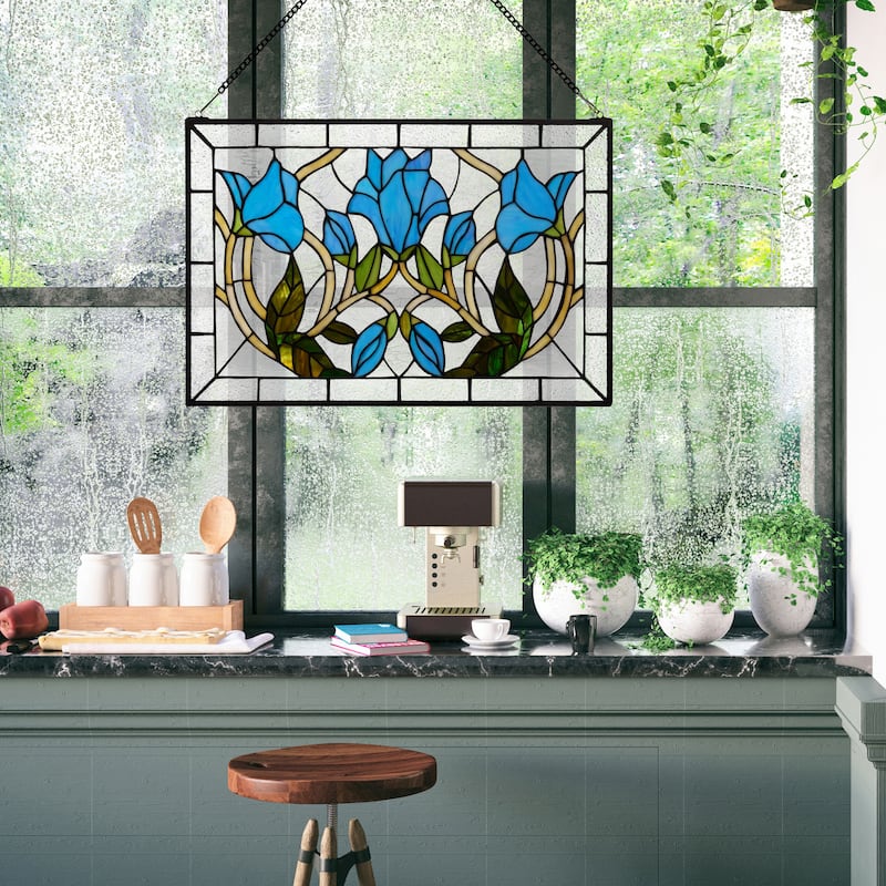 16-in H Blue Floral Vines Multicolored Stained Glass Window Panel - 24" x 0.25" x 16"