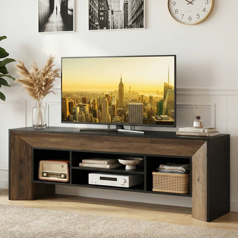 Farmhouse TV Stands for 70 inches TV, Wooden Entertainment Center with Open Storage Shelves for Living Room - Black/Brown