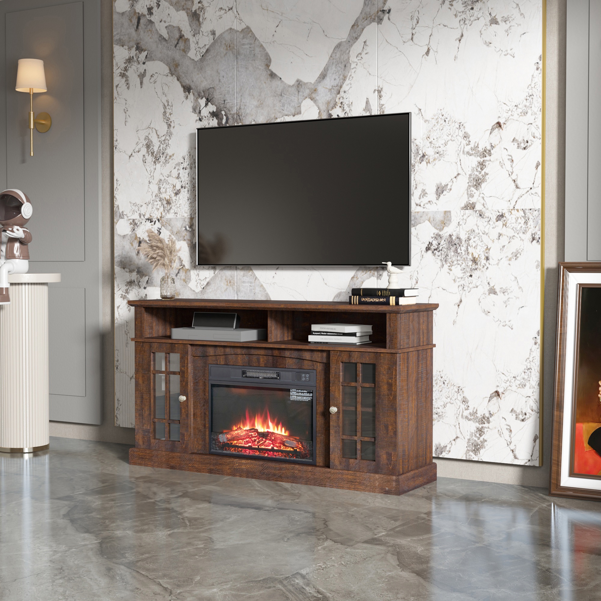 Antique Brown Electric Fireplace TV Stand Media Entertainment