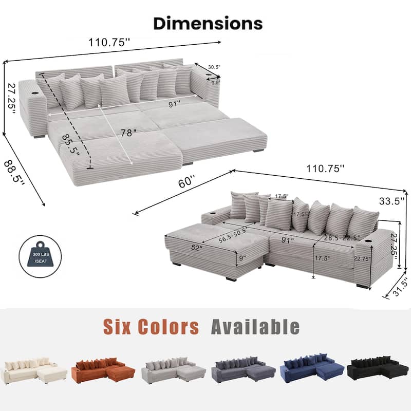 110.75" Corduroy Sectional Sofa, Convertible Sleeper Sofa Bed L-Shaped Upholstered Couch with Removable Footstool, Cup Holder