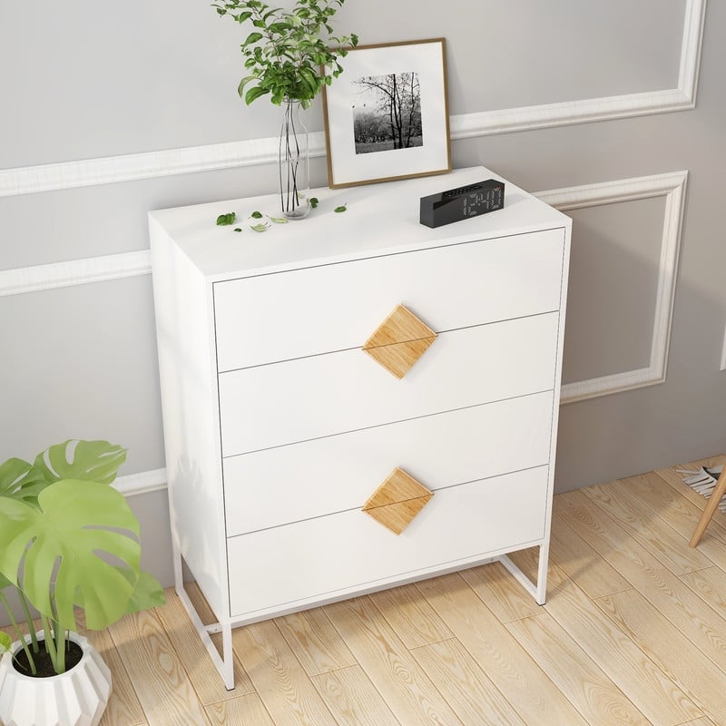 White Solid Wood 4-Drawer Chest Storage Cabinet with Square Handles