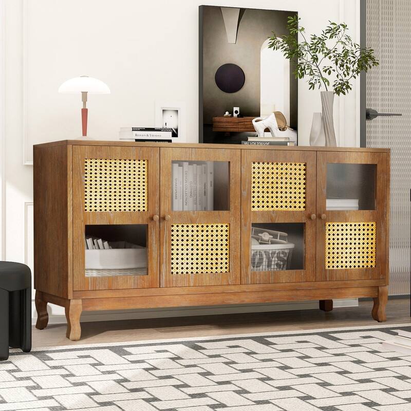 Retro 4-Door Sideboard with Large Storage Space and Rattan Doors for Home Entryway Decor