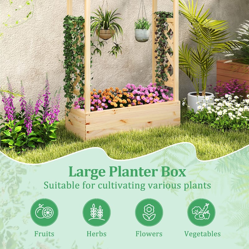 Gymax Wooden Raised Garden Bed w/ Trellis & Hanging Roof Planter Box