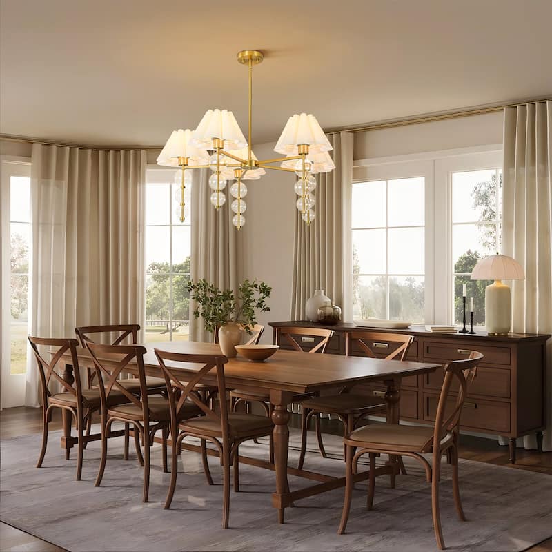 Rennnsan 5-Light 35 in. Transitional Gold Chandelier with Clear Glass Orbs and Fabric Shades - 34.6 in. Dia x 16.1 in. H