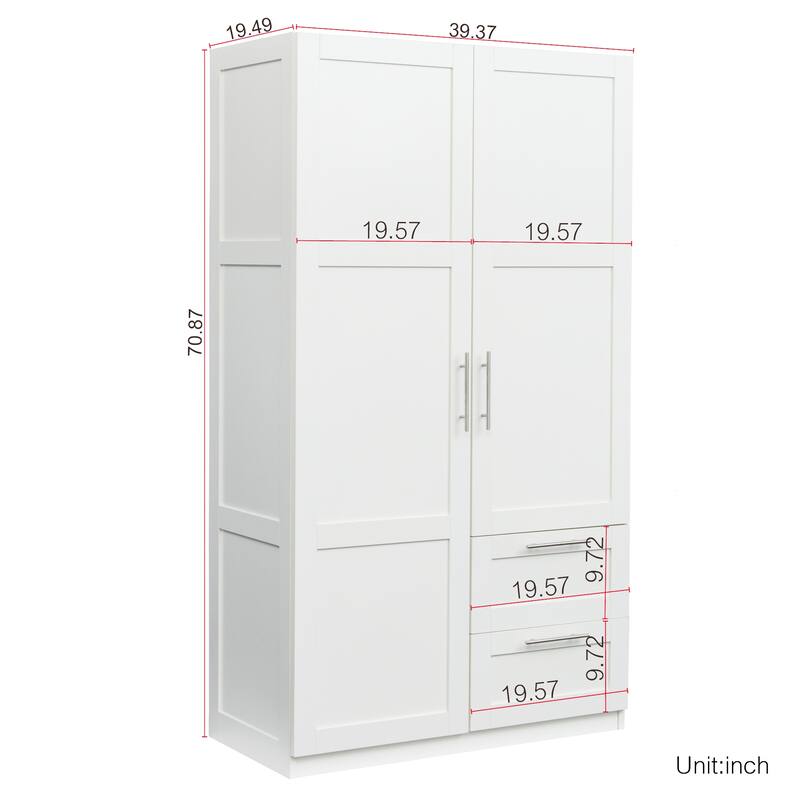 Roomfitters Tall Wardrobe & Kitchen Cabinet, 2-Door 2-Drawer Storage Organizer with 5 Shelves, White