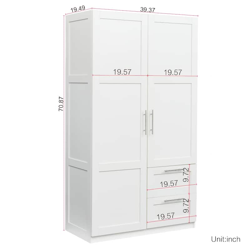 White Wood Wardrobe Armoire Storage Cabinet with Doors,Drawers,Hanging Rod