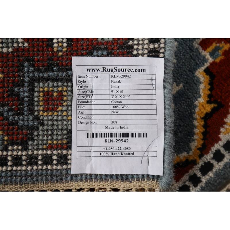 Blue Geometric Kazak Oriental Accent Rug Hand-Knotted Wool Carpet - 2'0" x 3'0"