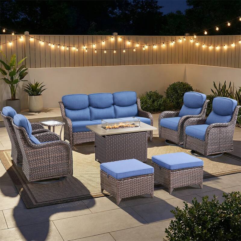 Pocassy Outdoor Fire Pit Sofa Swivel Chairs Ottoman Furniture Set - Brown Wicker Blue Cushion - 9-Piece Sofa Swivel Chair Ottoman w/ Fie Table