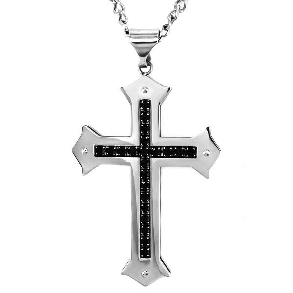 24 Mens Stainless Steel Black IP Wire CZ Church Cross Pendant Necklace