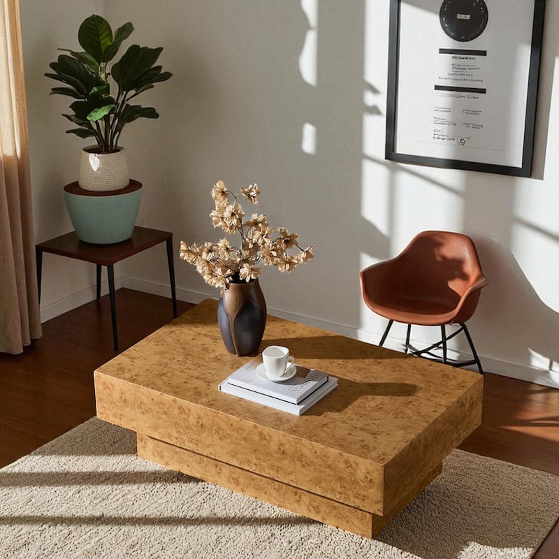 43.31" Faux Burl Wood Coffee Table, Rectangular Mid-Century Modern Accent Table with MDF Pedestal Base