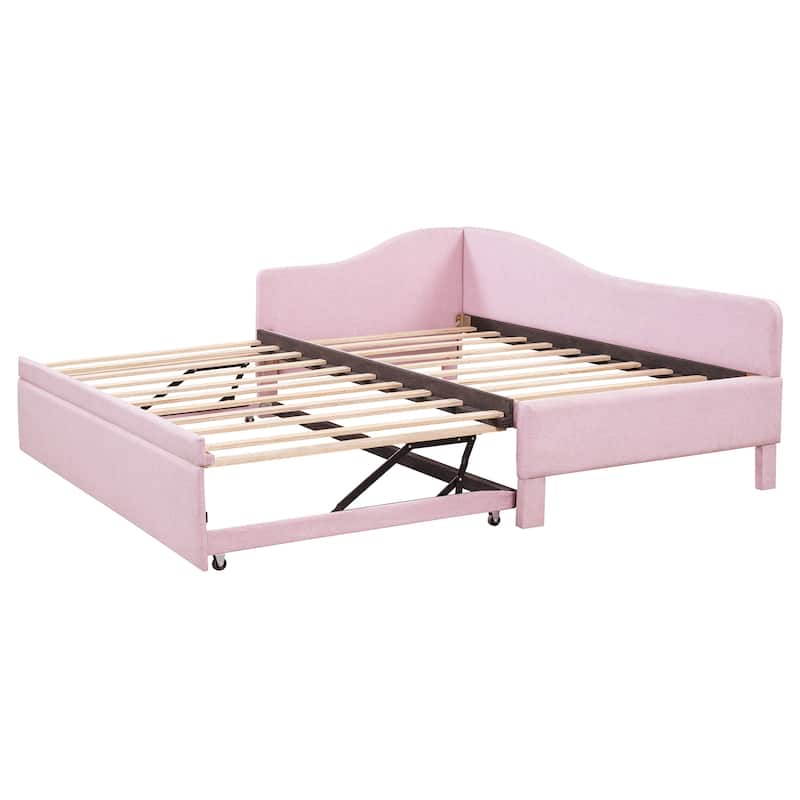 Twin Size L-Shaped Upholstered Daybed with Pop-Up Trundle in Pink