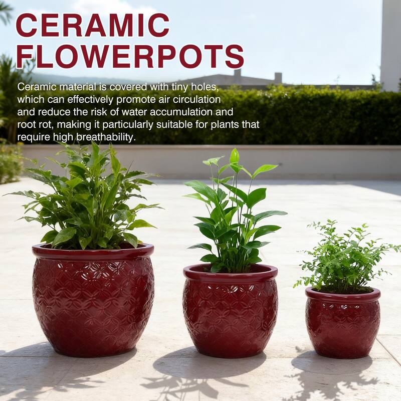 3 Pack Handmade Glazed Ceramic Planter, Ring Pattern Planter Pot