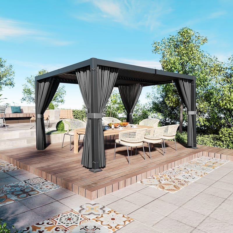 10 ft. x 13 ft. Aluminum Louvered Pergola with Adjustable Roof and Curtains - Black