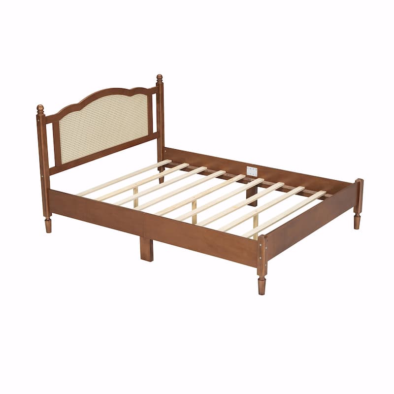 Wooden Platform Bed with Rattan Headboard and Slat Support