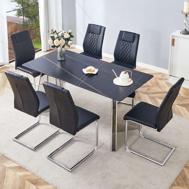 Roomfitters 7pcs Marble Pattern Dining Table Set with Stainless Butterfly Legs and PU Upholstered Chairs - Black