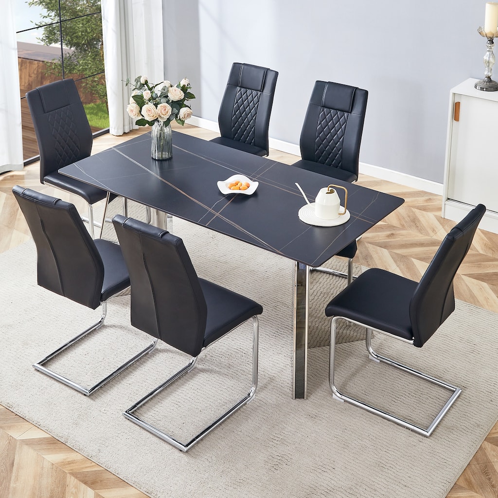 Roomfitters 7pcs Marble Pattern Dining Table Set with Stainless Butterfly Legs and PU Upholstered Chairs