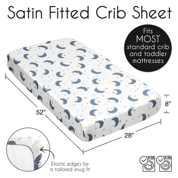 Sweet Jojo Designs Moon and Star Boy Girl Unisex/Gender Neutral Satin Fitted Crib Sheet Blue Gold Watercolor Celestial Galaxy