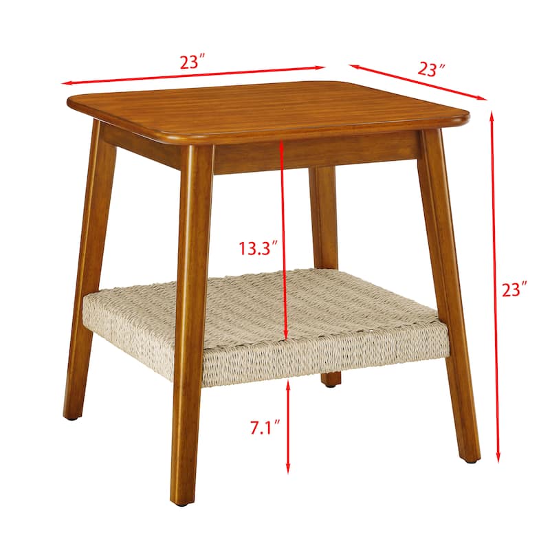 Mid-Century Square Side Table with Woven Shelf Walnut