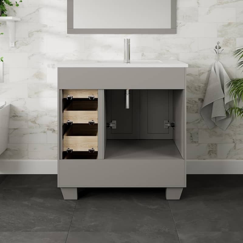 Eviva Loon 30"W x 22"D Gray Bathroom Vanity with White Carrara Quartz Vanity Top and Rectangular Undermount Sink