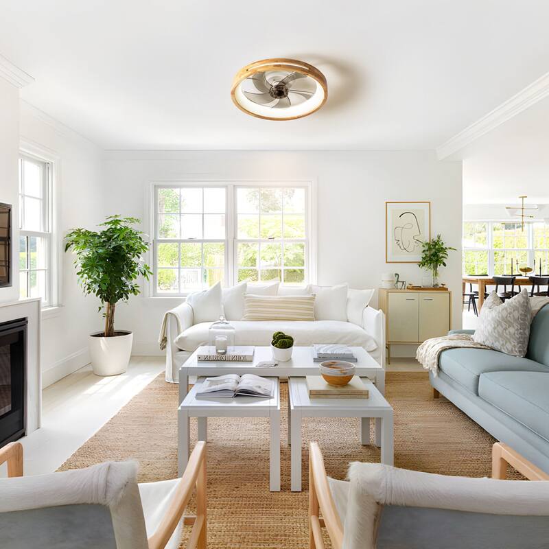 19.7" Farmhouse Flush Mount Ceiling Fan with LED Light and Remote Control, Wooden Finish for Bedroom/Living Room - 5