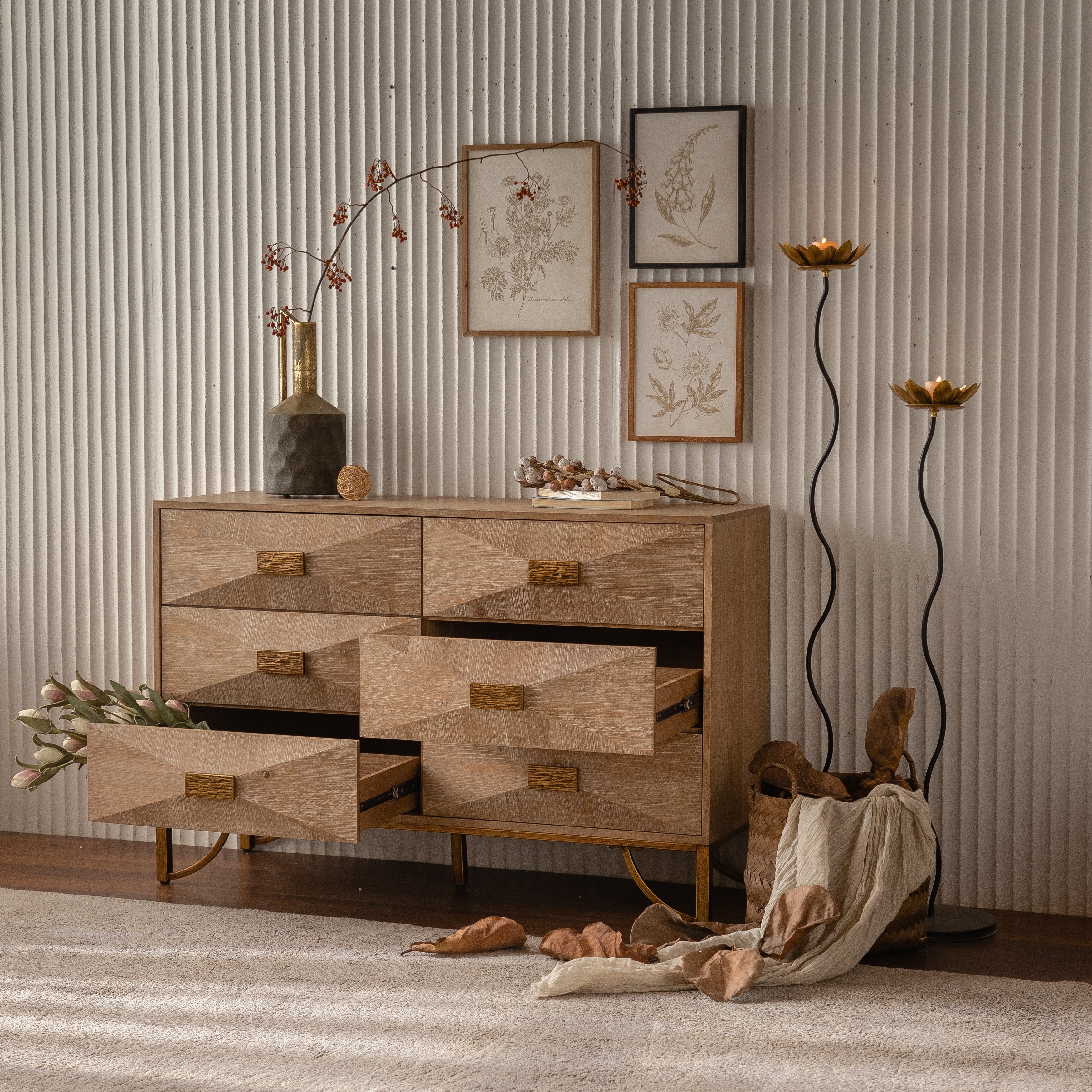 47.24" Light Wood 6-Drawer Dresser - Geometric Relief Chest of Drawers with Gold Metal Legs, Modern Sideboard Console Table