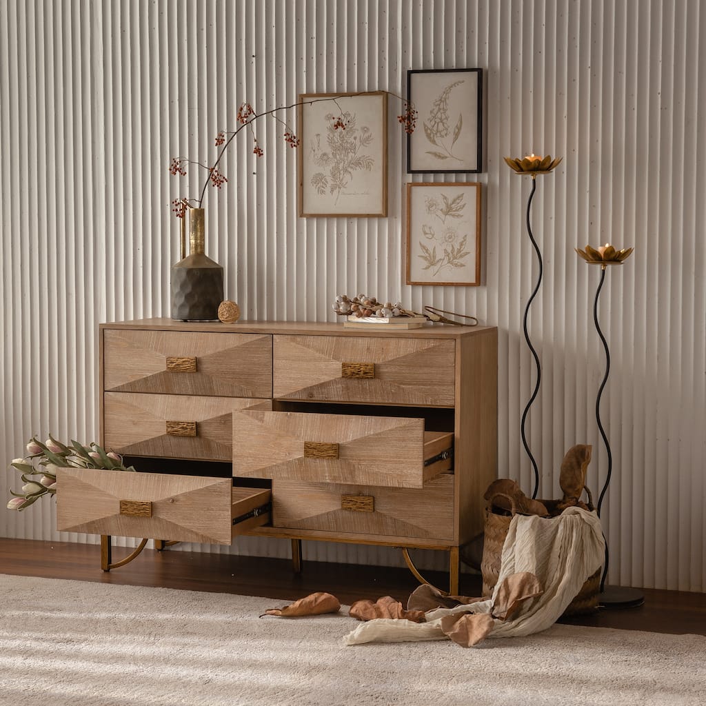 Modern Sideboard Console Table 6-Drawer Dresser for Bedroom, Natural Wood Chest of Drawers with Metal Legs